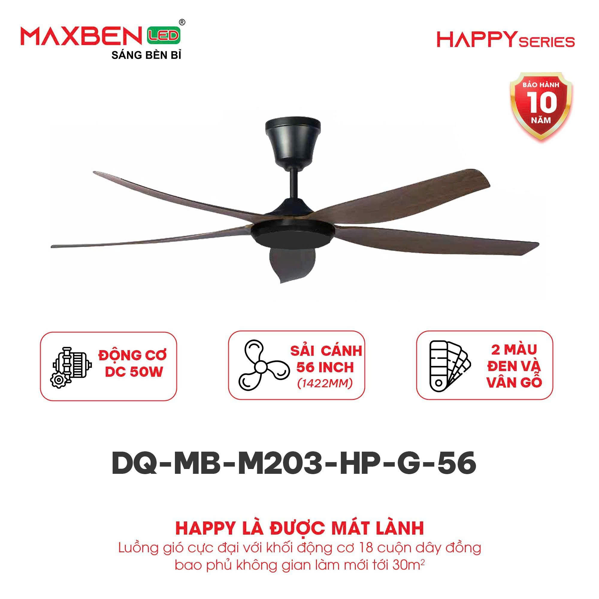 Thông số quạt trần 5 cánh Happy series Maxben