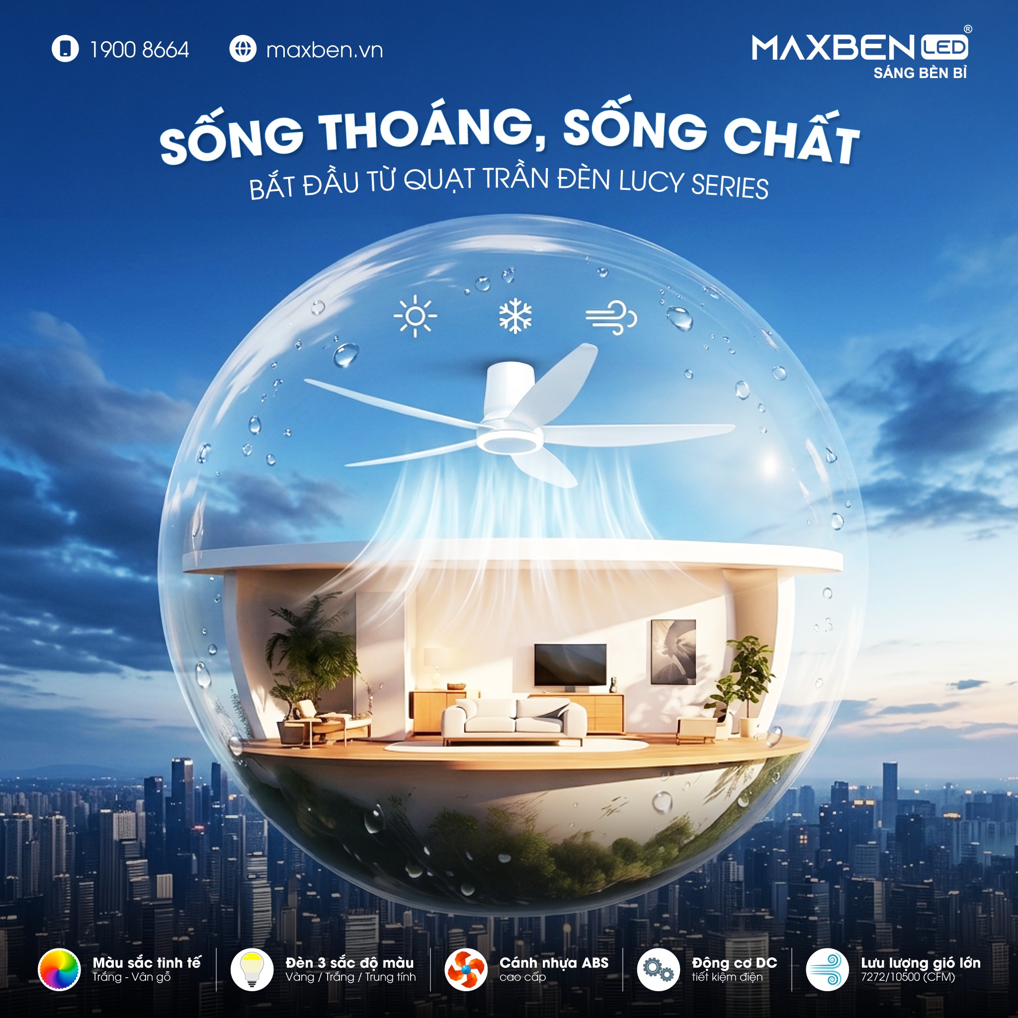 Quạt trần đèn 5 cánh phiên bản Lucy Maxben